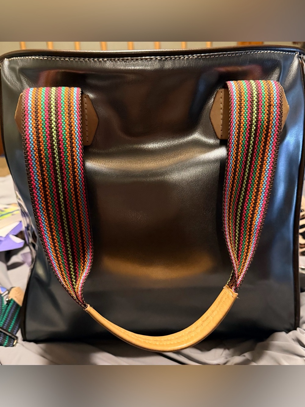 Consuela Black Tote Bag with Leopard Print Panels and Multicolor Woven Straps